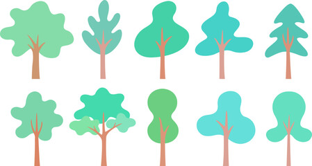 Green tree vector icon set. Wood with leaf natural collection in flat style. Simple tree design elements.