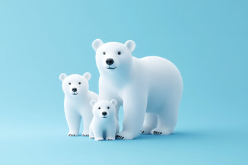 A family of three playful polar bears stands against a bright blue background, showcasing their playful nature