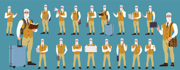 Man Character design. Front, side, back view and explainer animation poses. Character set with lip sync and facial expressions of Happy, angry, sad, Joy with Side walk cycle animation sequence sprite 
