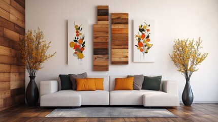 Modern minimalist living room with white sofa colorful cushions and abstract wall art decor