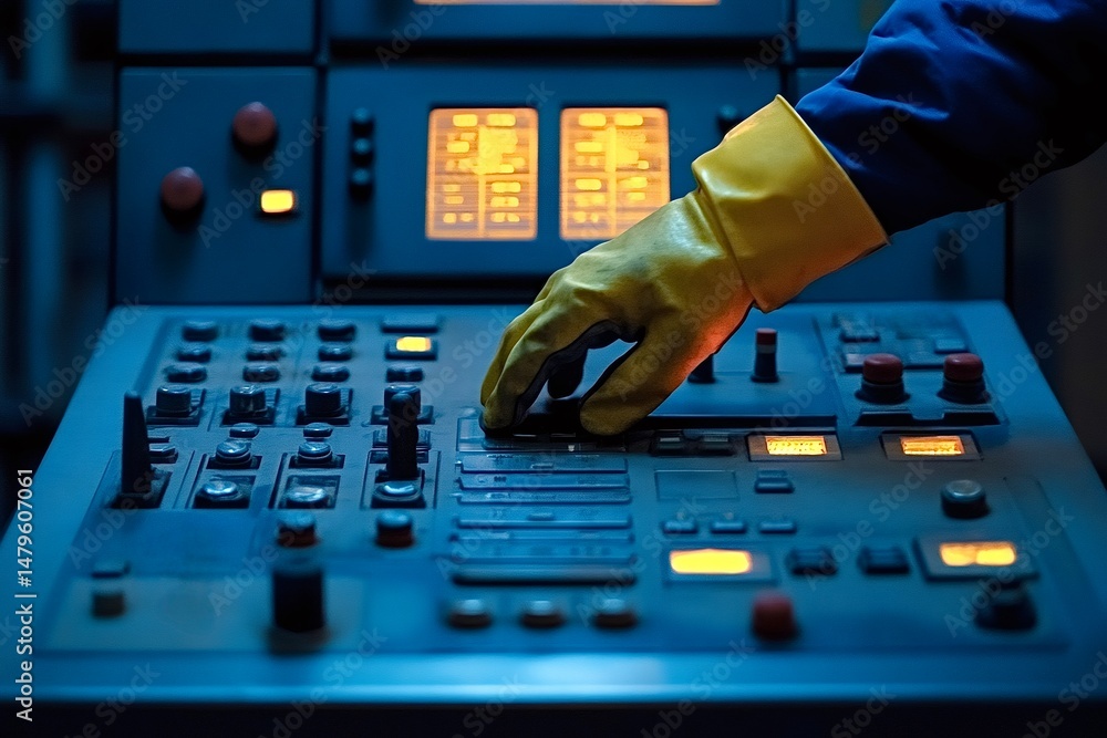 Poster engineer operating control panel in industrial setting