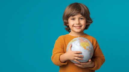 A cheerful boy holding a globe, representing curiosity and love for the planet.