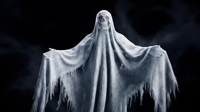 Eerie figure of a glowing skeleton in white sheet for spooky halloween display
