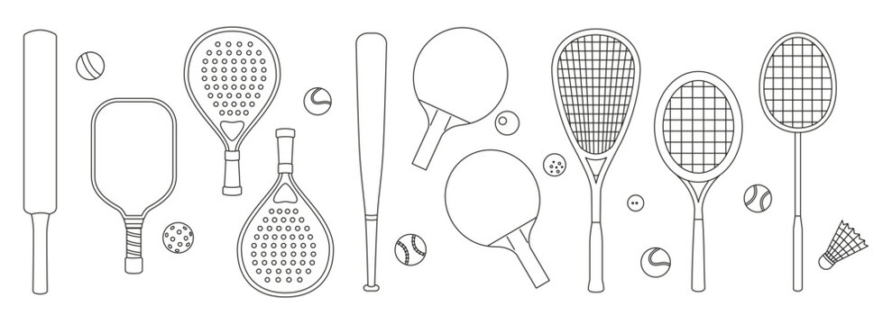 Line art set of sports equipment like rackets, bats and balls for tennis, squash, padel, badminton, baseball, ping pong and cricket with editable outlines in curves. Doodle style vector illustration