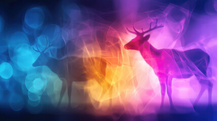 Fototapeta premium Surreal glowing animals in vibrant colors create dreamlike atmosphere. deer silhouette stands out against colorful background
