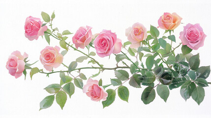 Fototapeta premium Watercolor botanical illustration of pink and peach roses with green leaves, showcasing delicate beauty and elegance