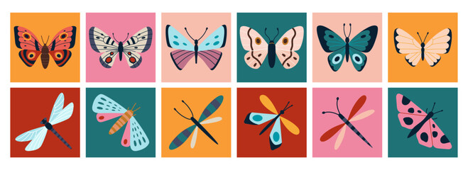 Square colorful icons with various daytime butterflies and dragonflies. Bright design for nature themes, kids decor and joyful summer art. Trendy modern vector illustrations, flat