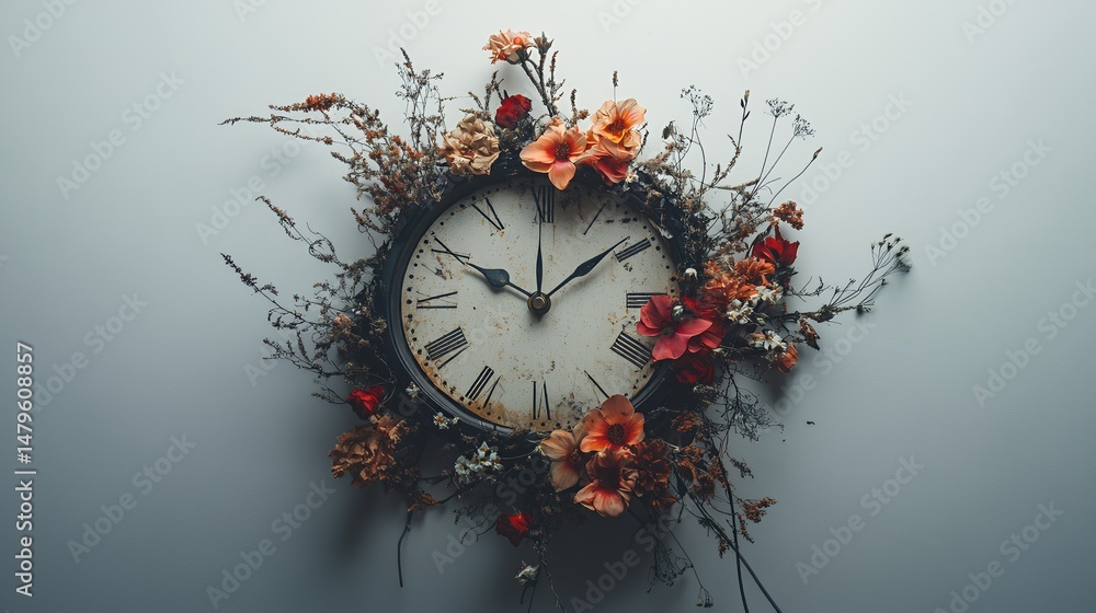 Poster artistic wall clock design with abstract elements and textures showcasing time concept in modern aes