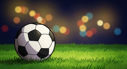 Fototapeta premium Soccer Ball on Grass at Night, Bokeh Lights