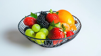 Vibrant wire fruit basket filled with colorful berries, grapes, and orange creates cheerful and fresh display