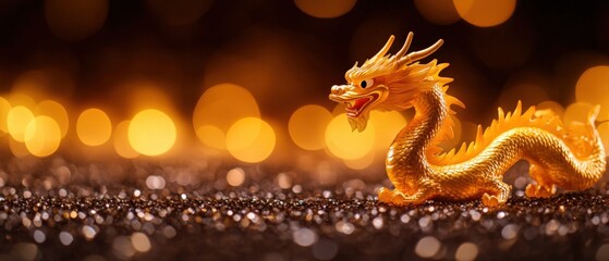 Obraz premium Golden dragon figure with bokeh lights