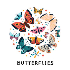 Circle composition with various butterflies on white background. Colorful design for nature themes, kids decor and joyful summer art. Modern vector illustration, hand drawn, flat