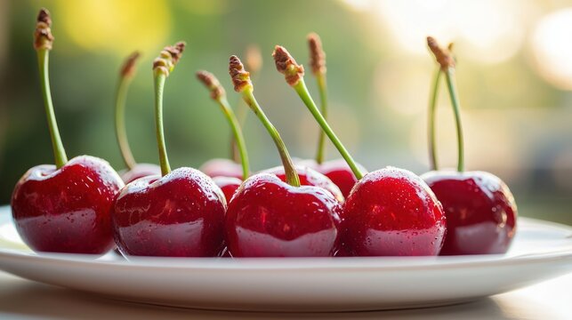 A close-up of glossy capulin cherries with stems attached, placed on a white plate