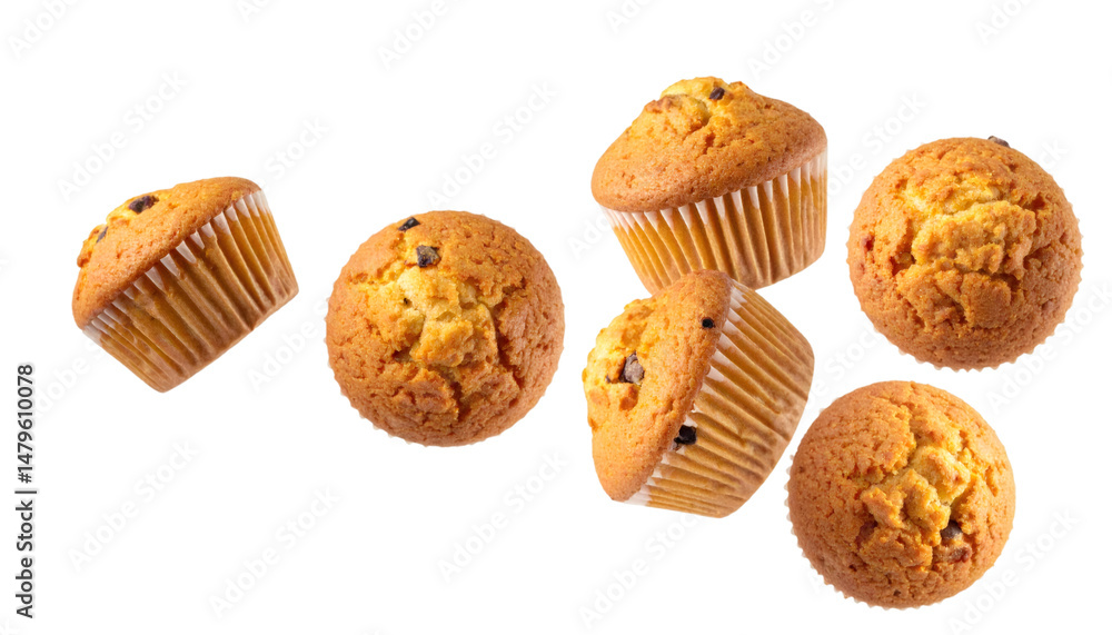 Poster multiple muffins splashing in motion with realistic texture and natural lighting on transparent back