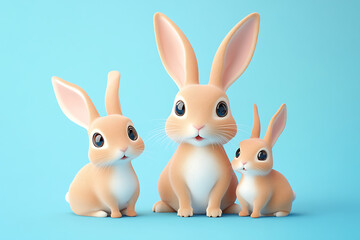 Fototapeta premium Three cartoon rabbits posing together against a light blue background, showcasing their playful nature