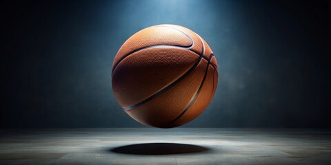 Fototapeta premium A lone basketball hovers in a dimly lit arena, ready for the next game, a symbol of intense competition and athletic prowess