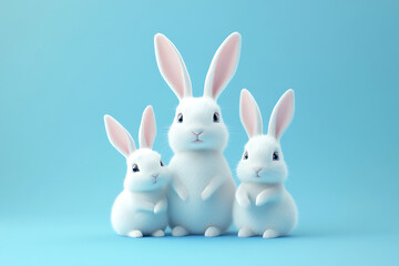 Obraz premium Three adorable cartoon rabbits standing together against a soft blue background, ideal for children's themes