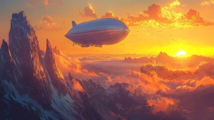 A breathtaking aerial view of a dirigible soaring above majestic peaks.
