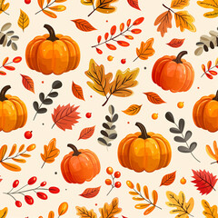 Seamless vector pattern of pumpkins and autumn leaves. Perfect for seasonal packaging, invitations, textiles, and digital fall-themed designs