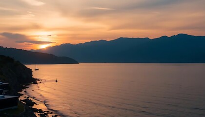 Fototapeta premium Dramatic coastal panorama with serene waters bathed in the colors of sunset