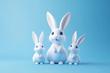 Fototapeta premium Three adorable white rabbits with large ears standing together against a soft blue background