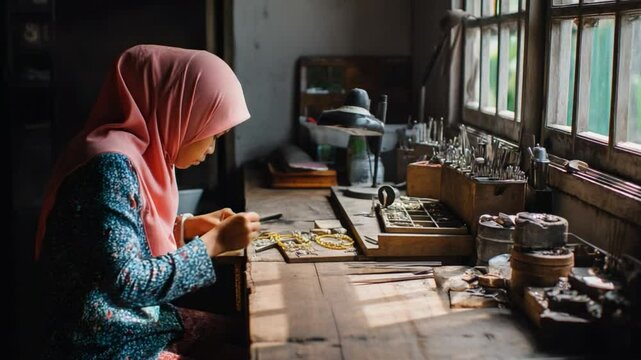 The Artisan: A craftsman sits by the window, absorbed in intricate handcrafting, enveloped in a quiet ambiance of deep concentration and creative focus.