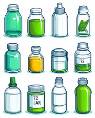 Modern blank templates of empty and clean multicolor plastic and glass containers are showcased, including bottles with spray, dispenser, and dropper, as well as a cream jar and tube, in a realistic