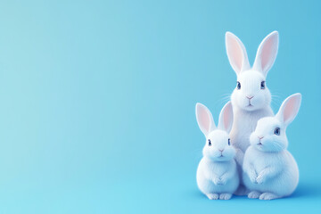 Obraz premium Three adorable white rabbits posing together against a soft blue background, creating a serene atmosphere