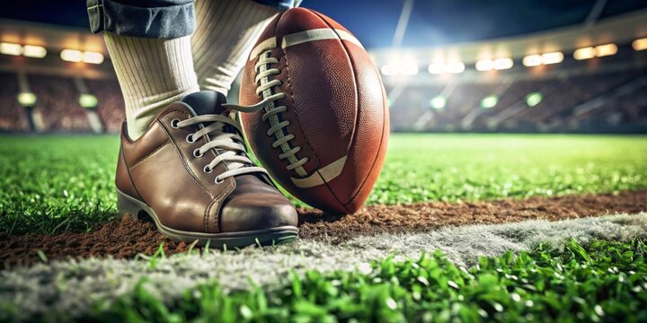 Ready for the Big Game  A close-up view of a player's foot and a football on the field's sidelines.