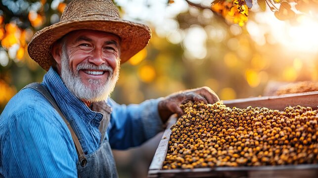 Happy beekeeper harvesting honey. - Powered by Adobe