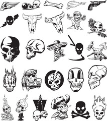 a collection of skulls and other symbols, vector illustration of various skull