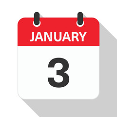 January 3 Daily Calendar. Red Theme on White Background