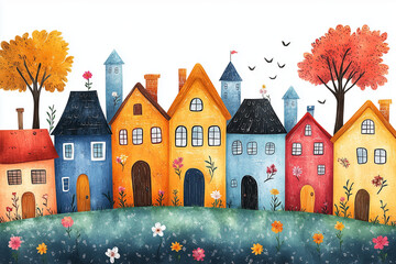 Charming hand-drawn cityscape with colorful houses, blooming flowers, and whimsical trees. Ideal for children&rsquo;s books, posters, branding, or seasonal illustrations with cozy village vibes