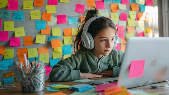 Focused Learning: A young student wearing headphones intently engages with a laptop amidst a backdrop of colorful sticky notes, demonstrating the modern study environment.