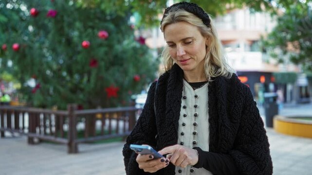 Woman using smartphone outdoors in city park with holiday decorations smiling blonde dressed warmly urban environment daytime middle age female caucasian exterior technology.