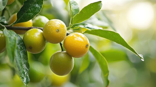 A close-up of ziziphus fruits, also known as jujubes, in various stages of ripeness