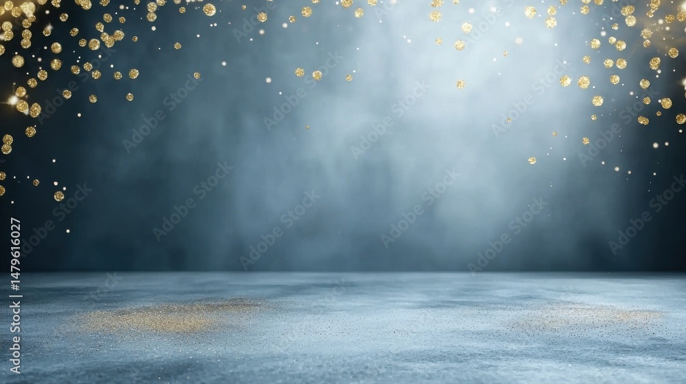 Poster festive golden glitter and bokeh on dark atmospheric stage background with empty textured floor dark