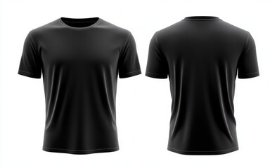 Template for a men's black blank T-shirt, shown from two angles, in a natural shape on an invisible mannequin, ideal for creating a design mockup for printing, set against a white background