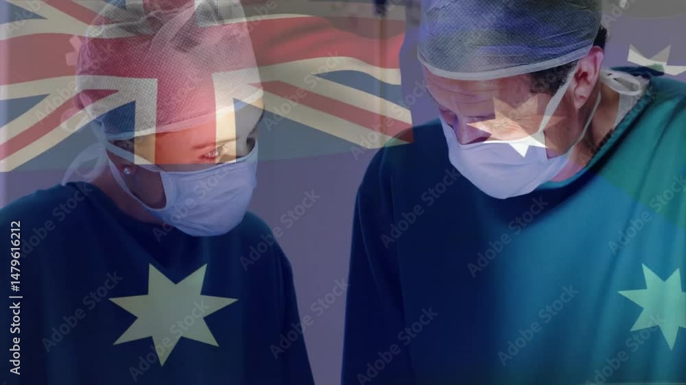Poster two surgeons wearing masks concentrating in operating room, with flag overlay animating on figures