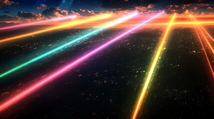 Colorful laser beams illuminating a city at night.