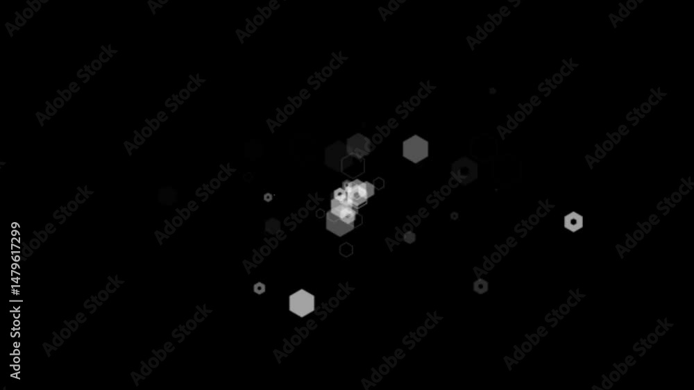 Poster abstract hexagonal particles in motion on a dark background with subtle glow
