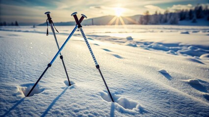 Winter trekking poles rest in pristine snow, bathed in the golden light of a setting sun, a serene winter landscape scene.
