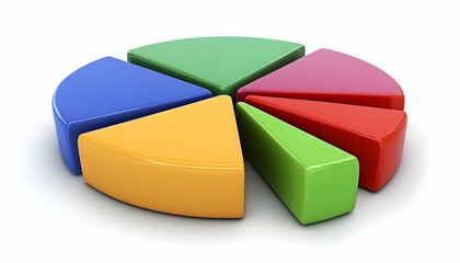 A 3D pie chart segmented into six multicolored sections, illustrating data distribution or proportions