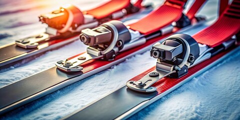 Close-up view of sleek, modern ski bindings attached to vibrant red skis resting on pristine snow, ready for exhilarating winter adventures.