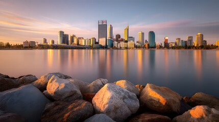 Fototapeta premium Urban Skyline at Sunset Reflections on Water Showing Stones in the Foreground Calm Serene Environment Inspiring Relaxing View Reflective Cityscape