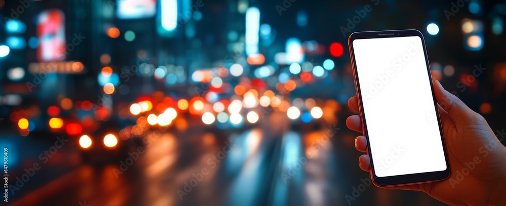 Poster a man's hand is shown holding a smartphone with an empty screen, set against a nighttime backdrop wi