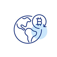 Global cryptocurrency trading, payment and wallet use for digital marketplace and p2p transactions. Earth and bitcoin. Pixel perfect, editable stroke icon