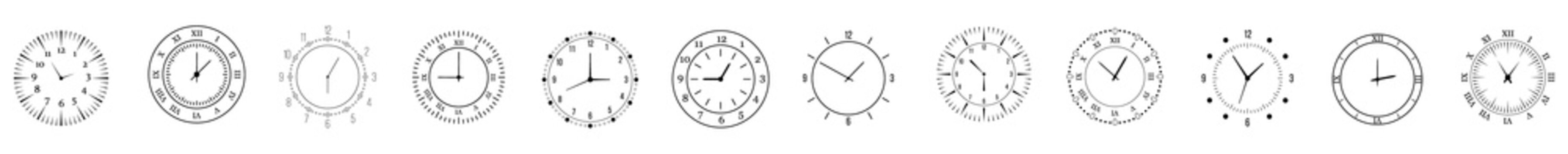 Drawing of vintage round wall clock with black arrows and white background in doodle cartoon style hand-drawn design element showing time hour minute second sketch vector clip art

