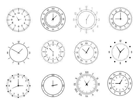 Arrow symbol in sketchy wall clock face with shadow and classic circle shape isolated on white background black-and-white office or home decoration object metal cartoon concept

