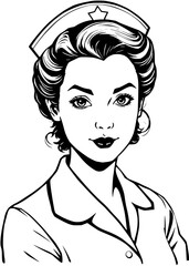 Vintage Nurse Portrait in Black and White Line Art